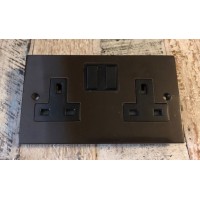 'Bakelite' Double 13A Switched Socket - Square Edge - BLACK INSERT
